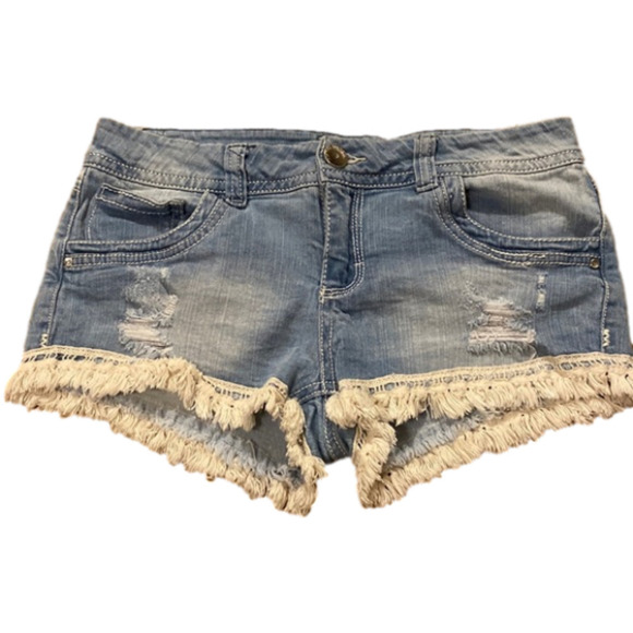Almost Famous Distressed Denim Shorts  White Fringe Women’s (Size 7) - Picture 1 of 10
